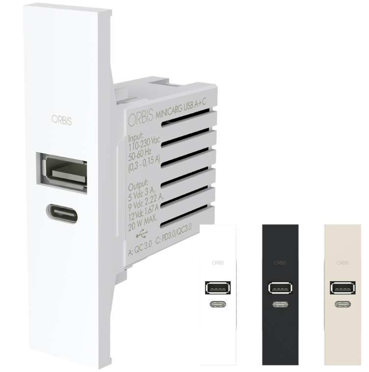 Prese USB Orbis Minicarg 1 modulo USB-A + USB-C con 3 frontalini - OB140623 01