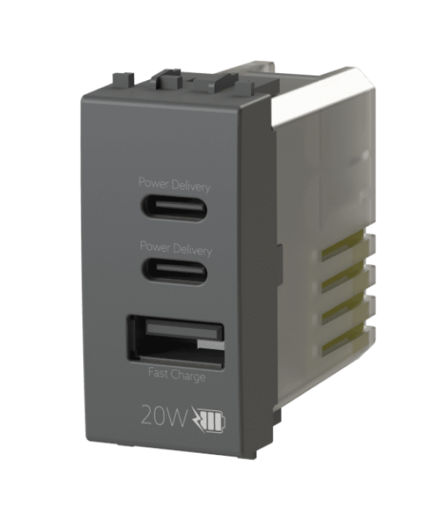 Prese USB 4Box Uniko compatibili Vimar Arke 2xUSB-C + 1xUSB-A 20W grigio - 4BUSB20WCCA.V19 01