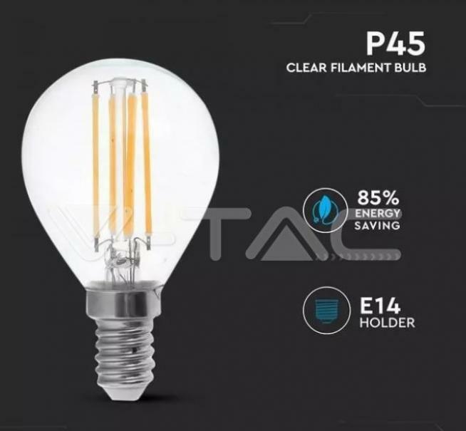 v-tac v-tac lampadina led a sfera e14 6w 6400k p45 trasparente filamento vt-2466 2847 - foto 2