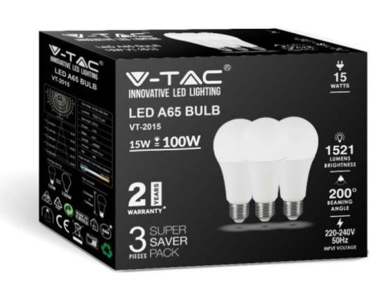 Lampadina led A65 V-tac 15W 6500K E27 VT-2015-3PC-N- 212818 03