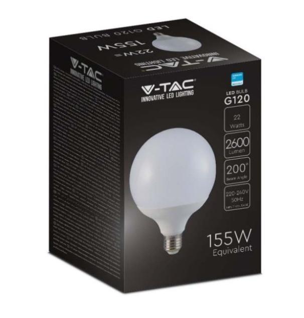 Lampadina led globo G120 V-tac 22W E27 4000K VT-242-N -20022 - 2120022 02