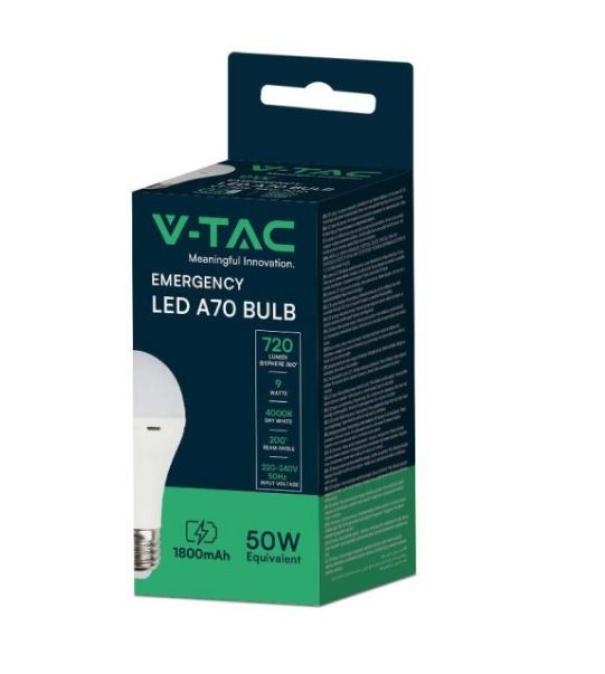 Lampadina di emergenza led A70 V-tac 9W E27 4000K batteria 3,7V VT-509 - 7010 02