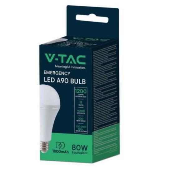 Lampadina led A90 V-tac di emergenza con batteria 3,7V 1800mAh E27 15W 4000K - 7795 02