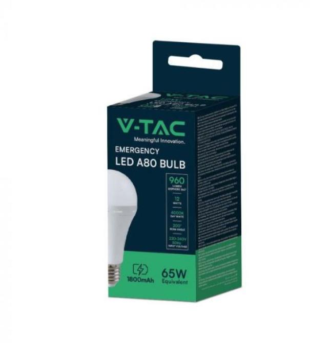 Lampadina led A80 V-tac di emergenza batteria 3,7V 1800mAh 12W E27 4000K - 7794 02