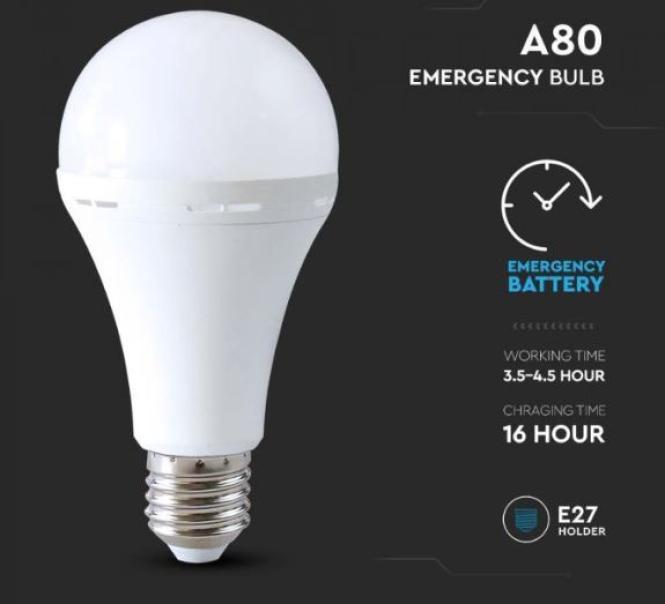 Lampadina led A80 V-tac di emergenza batteria 3,7V 1800mAh 12W E27 4000K - 7794 05