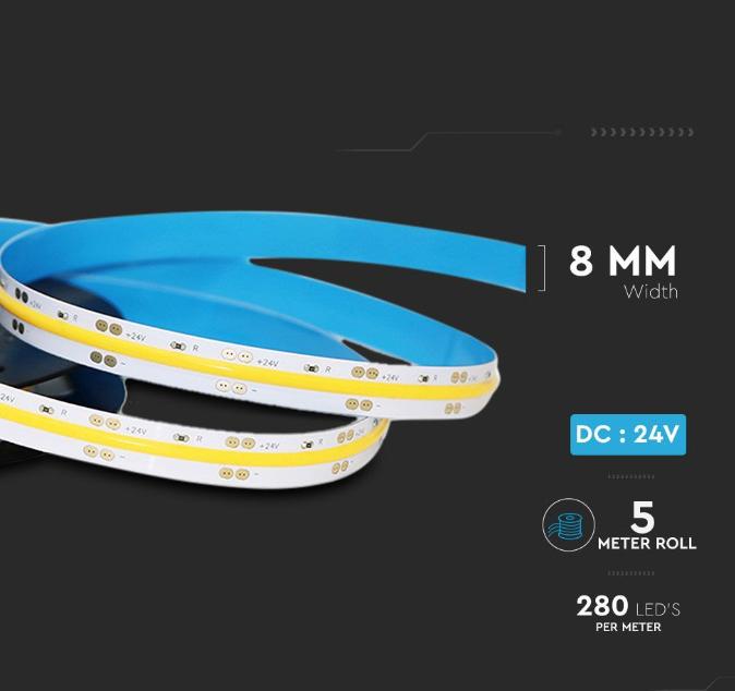 Striscia led V-tac 5 metri 10W/m 3000K 24V IP230 VT-COB 280 - 212652 06