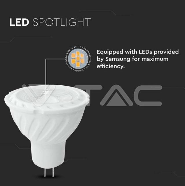 Lampadina led MR16 V-tac chip Samsung 6,5W GU5,3 4000K 110 gradi VT-257 -  21205 03