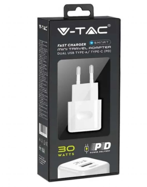 Caricabatterie V-tac 30W usb-A usb-C bianco - 6680 04