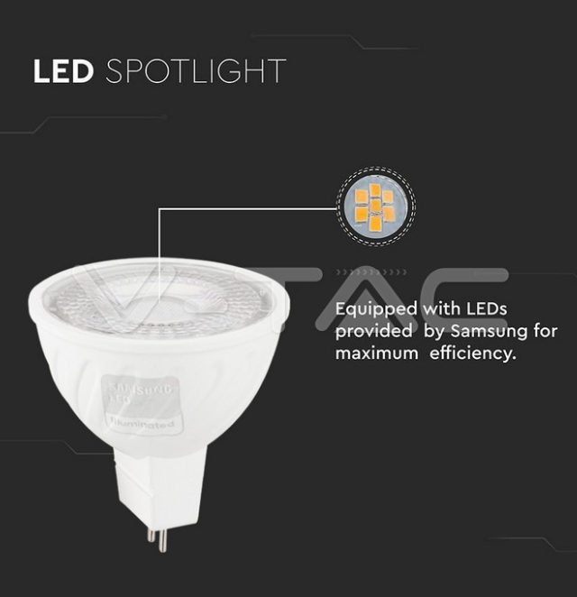 Lampadina led MR16 V-tac chip Samsung GU5,3 6W 6500K VT-267  - 21209 02