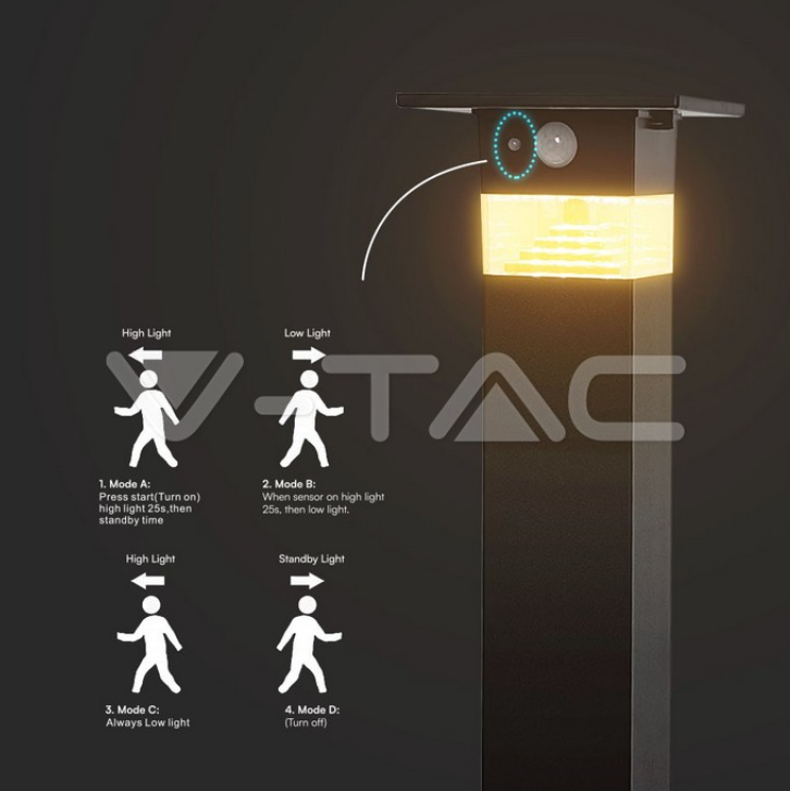 Paletto solare led V-tac 3W 3000K nero VT-1170 - 23401 04