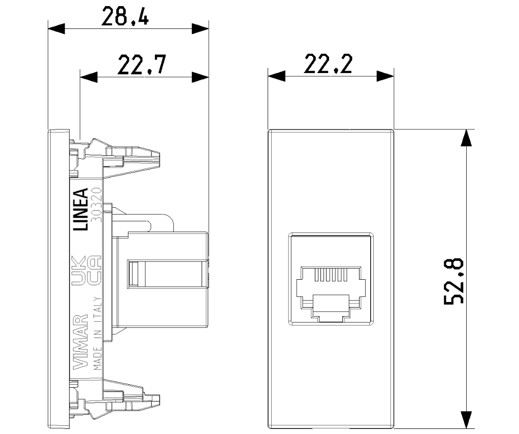 Presa RJ11 Vimar Linea 1 modulo 6 posizioni 4 contatti canapa - 30320.C 02