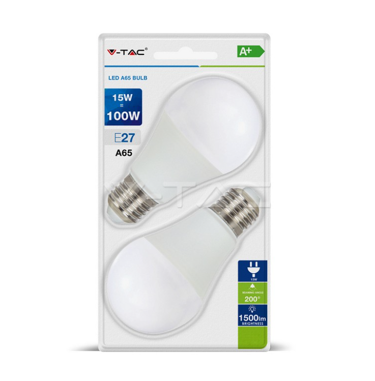 Lampadine led A60 V-tac attacco E27 15W 2700K 2pz VT-2117 - 7300 01