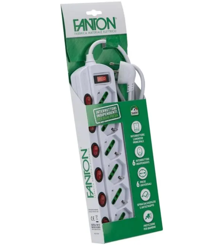 Multipresa 6 posti Fanton 2P+T 16A cavo da 1.2m bianco - 47438 02