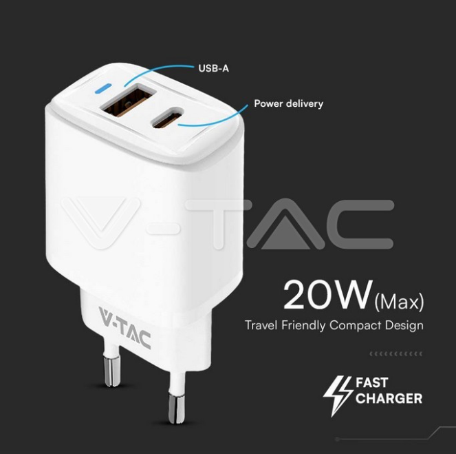 Caricabatterie V-tac USB-A + USB-C 30W bianco VT-3530 - 6680 04