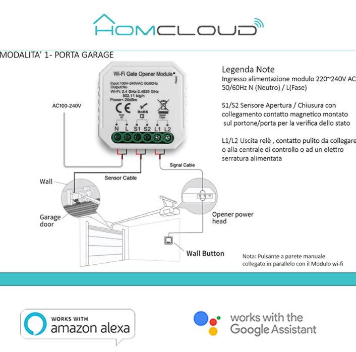 Modulo cancelli garage ed elettroserrature Wifi 1CH incasso -  AS-GOM 04