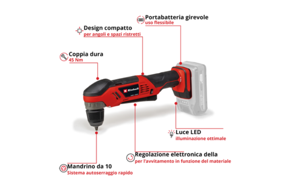 Trapano angolare a batteria Einhell TE-AD 18 Li - Solo max 1100RPM - 4514290 04