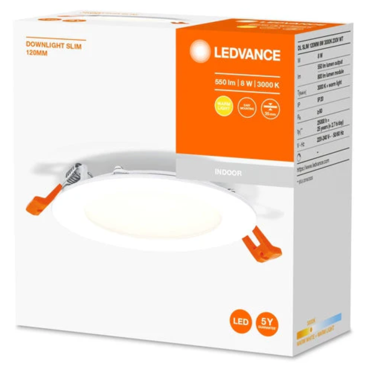 Faretto ad incasso led Ledvance Downlight Slim da 120mm 8W 3000K bianco - LUM573079 01