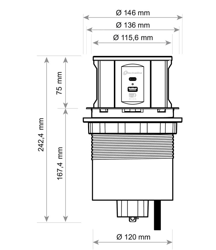 Multipresa a scomparsa 5 posti Electraline 3 prese Schuko + 2 prese USB - 62571 04