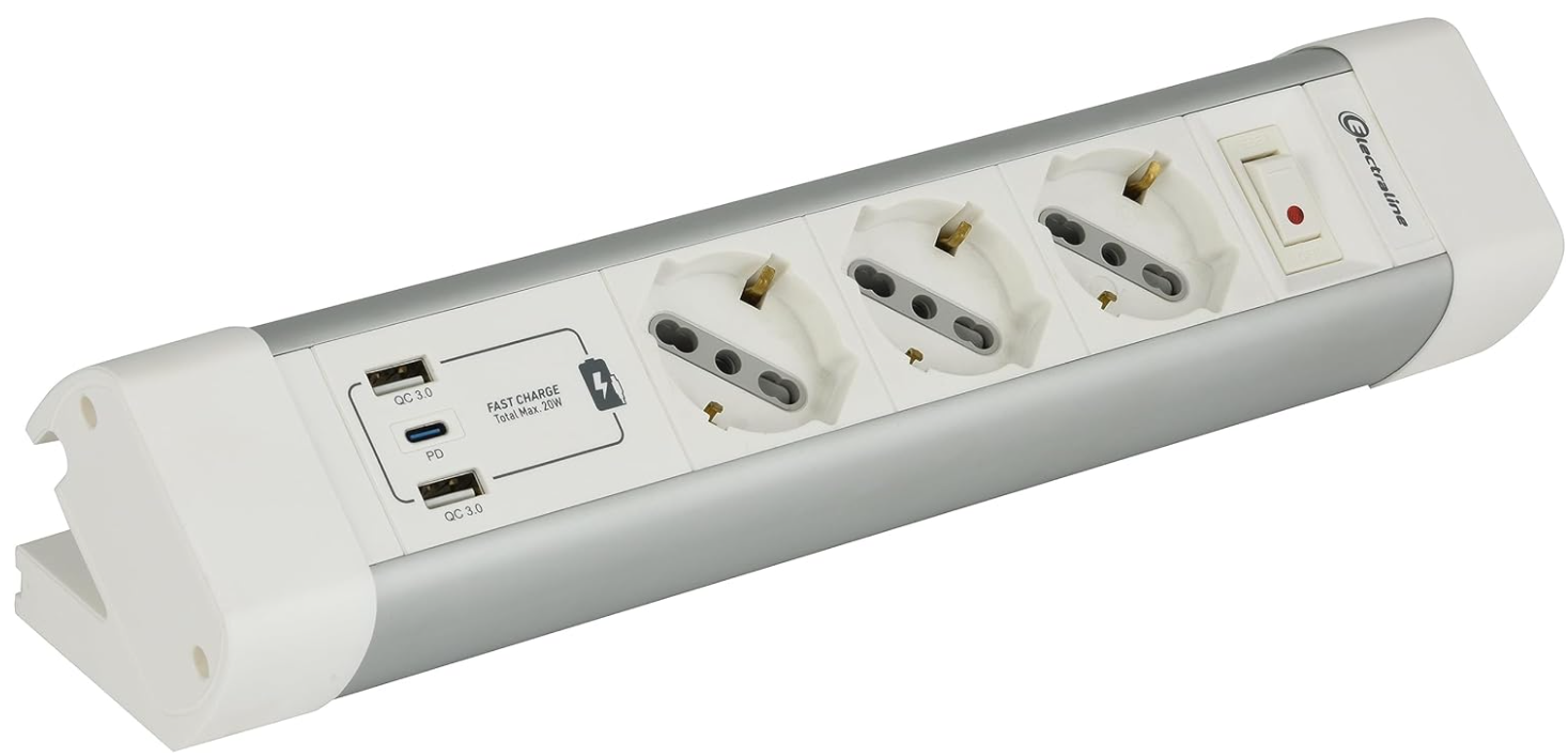 Multipresa 6 posti Electraline 3 bipasso Schuko + 2 USB-A + 1 USB-C bianco - 61920 01