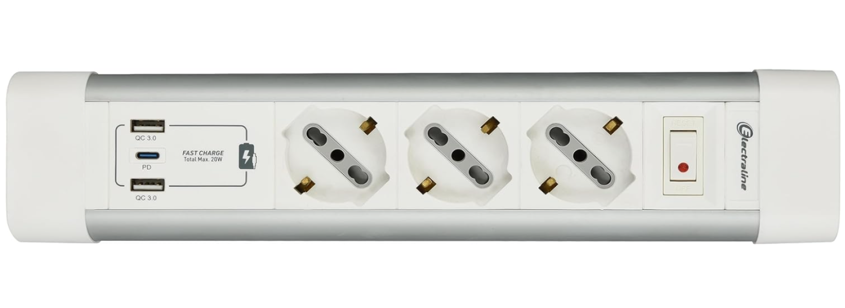 Multipresa 6 posti Electraline 3 bipasso Schuko + 2 USB-A + 1 USB-C bianco - 61920 02