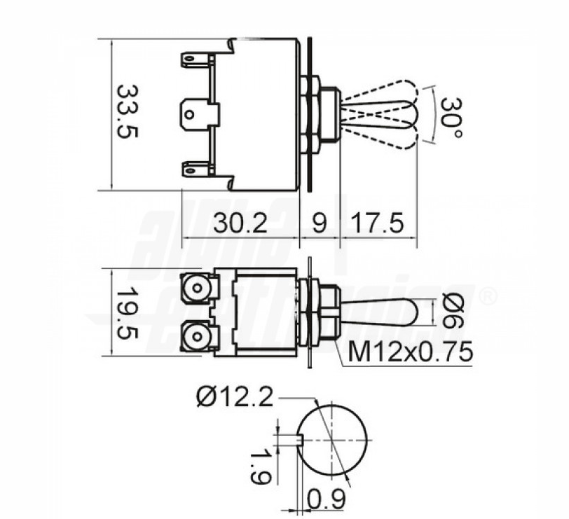 Interruttore deviatore medio Alpha Elettronica 2P 10-15A ON/OFF/ON - 310-077 02