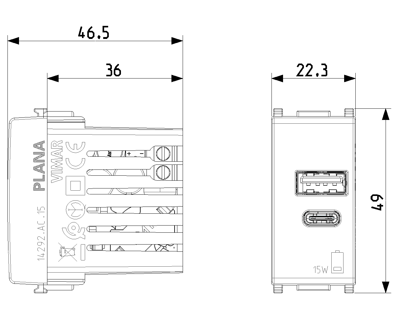 Presa USB-A+C Vimar Plana 1 modulo 15W bianco - 14292.AC.15 02