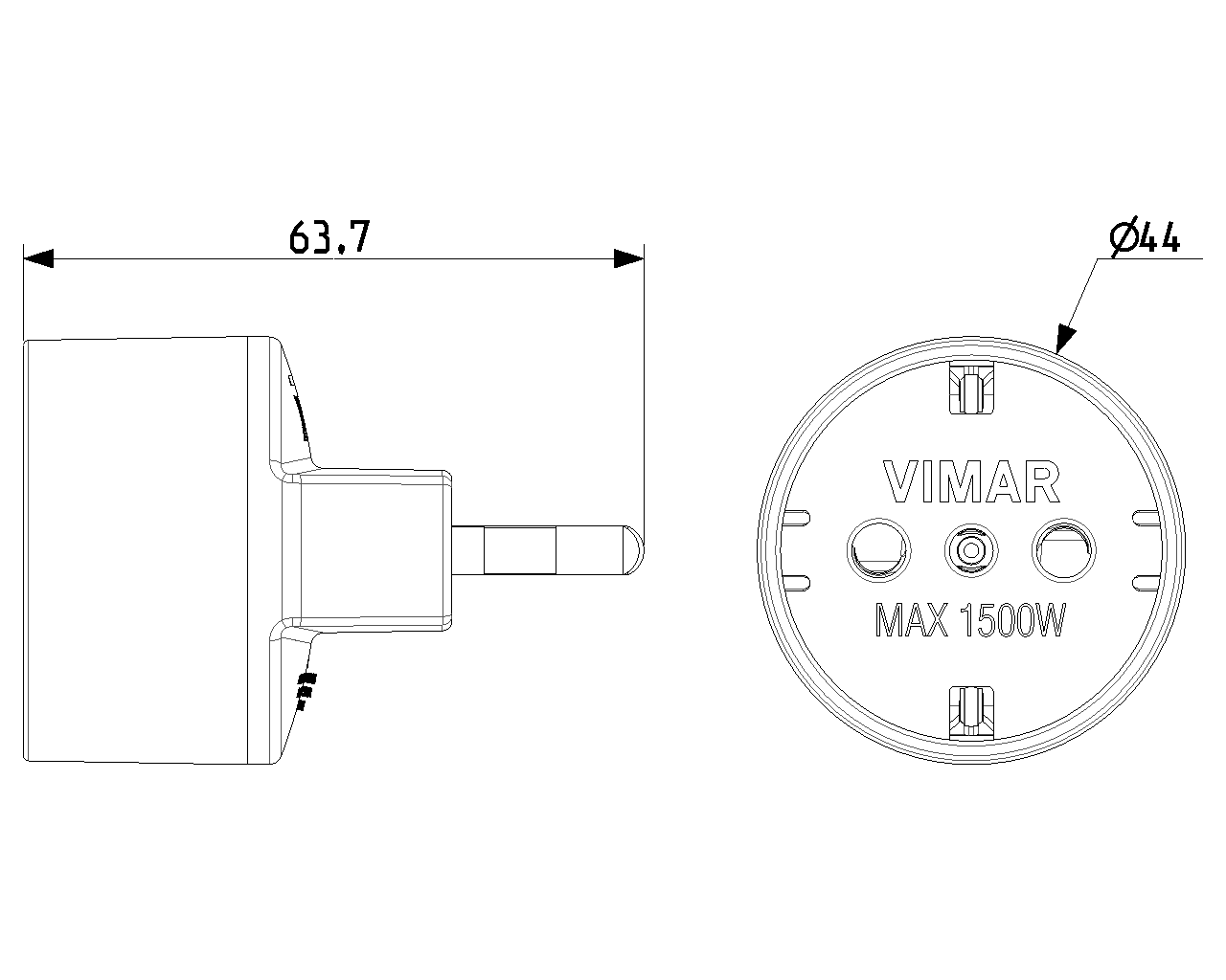 Adattatore semplice Vimar 2P+T max 1500W 16A nero - 00303 04