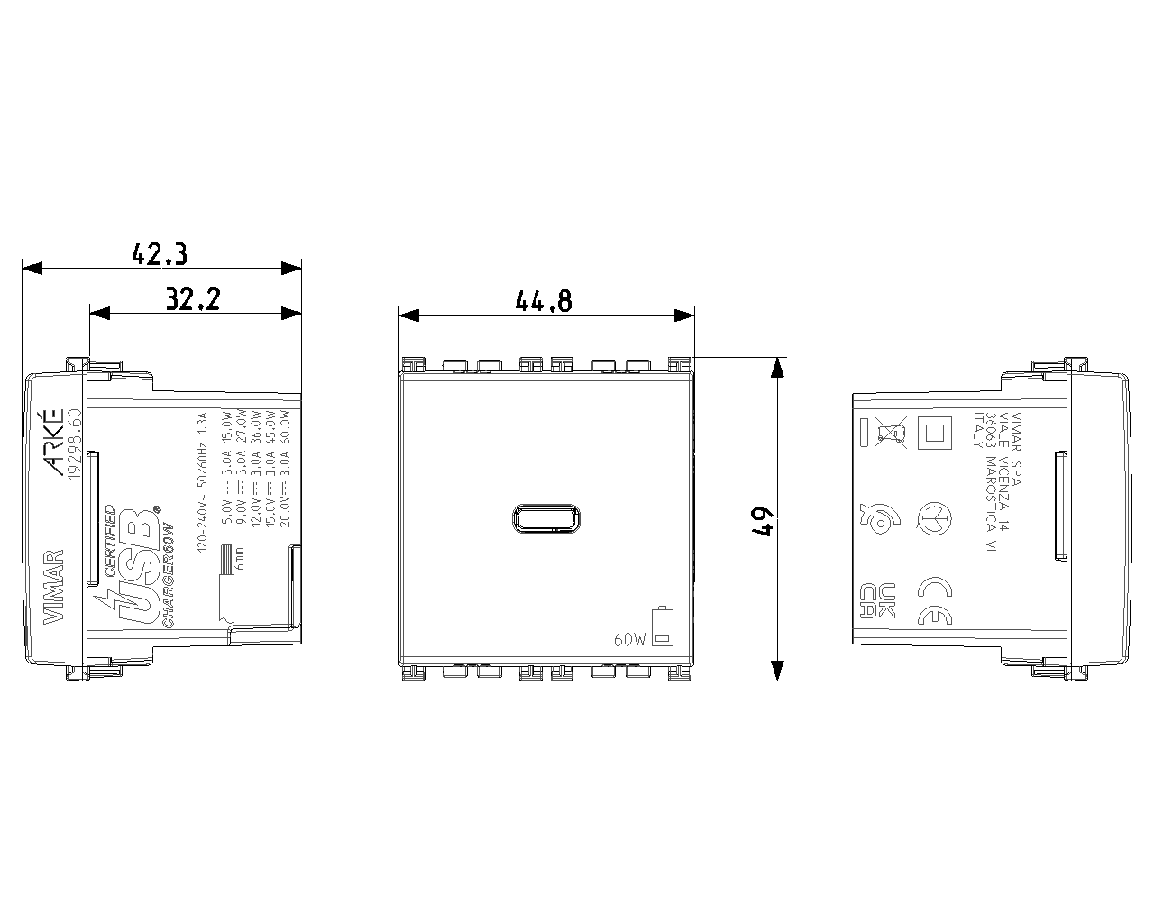 Presa USB-C Vimar Arku00e8 2 moduli 60W grigio - 19298.60 02