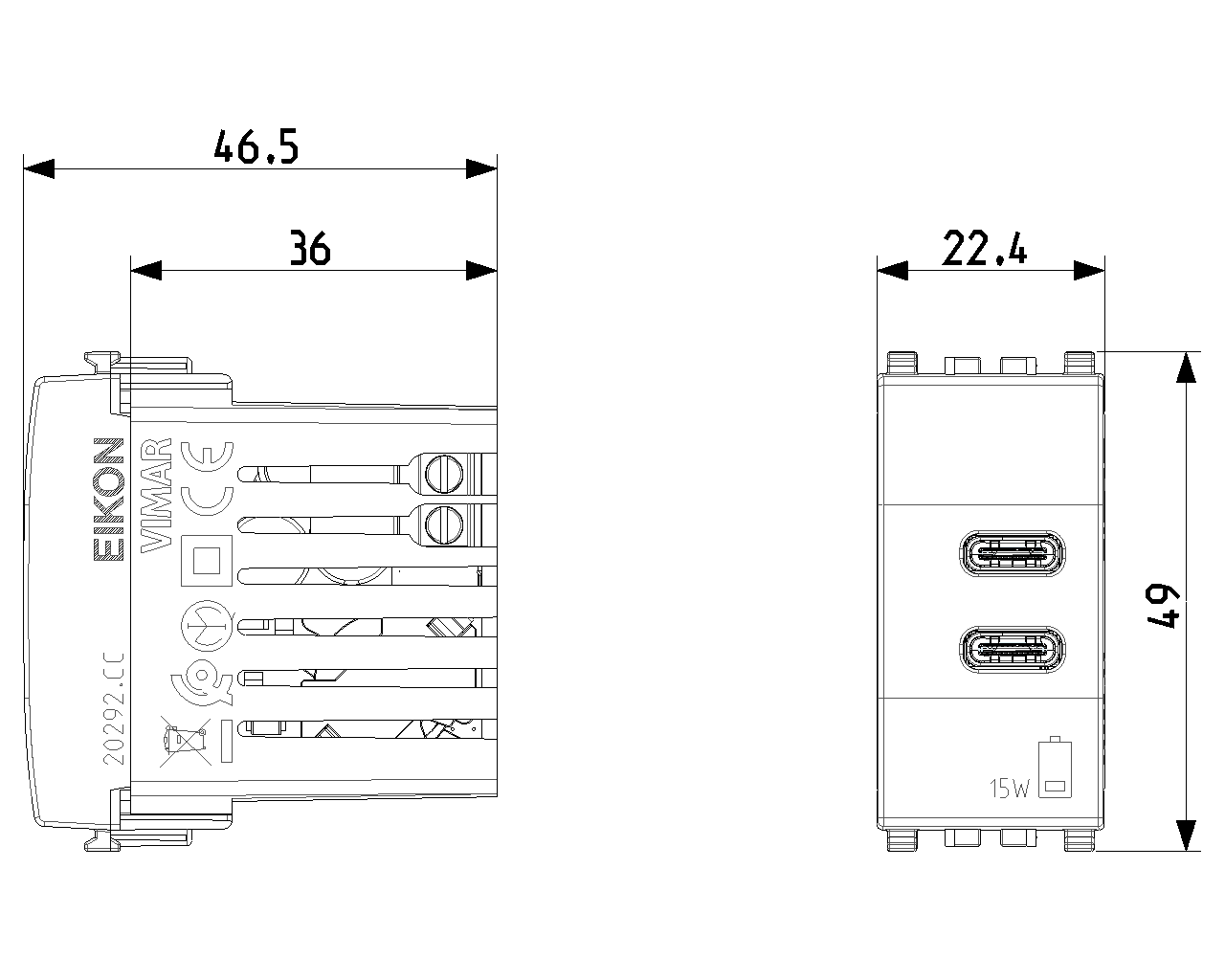 Presa USB-C+C Vimar Eikon 1 modulo 15W 3A bianco - 20292.CC.B 02