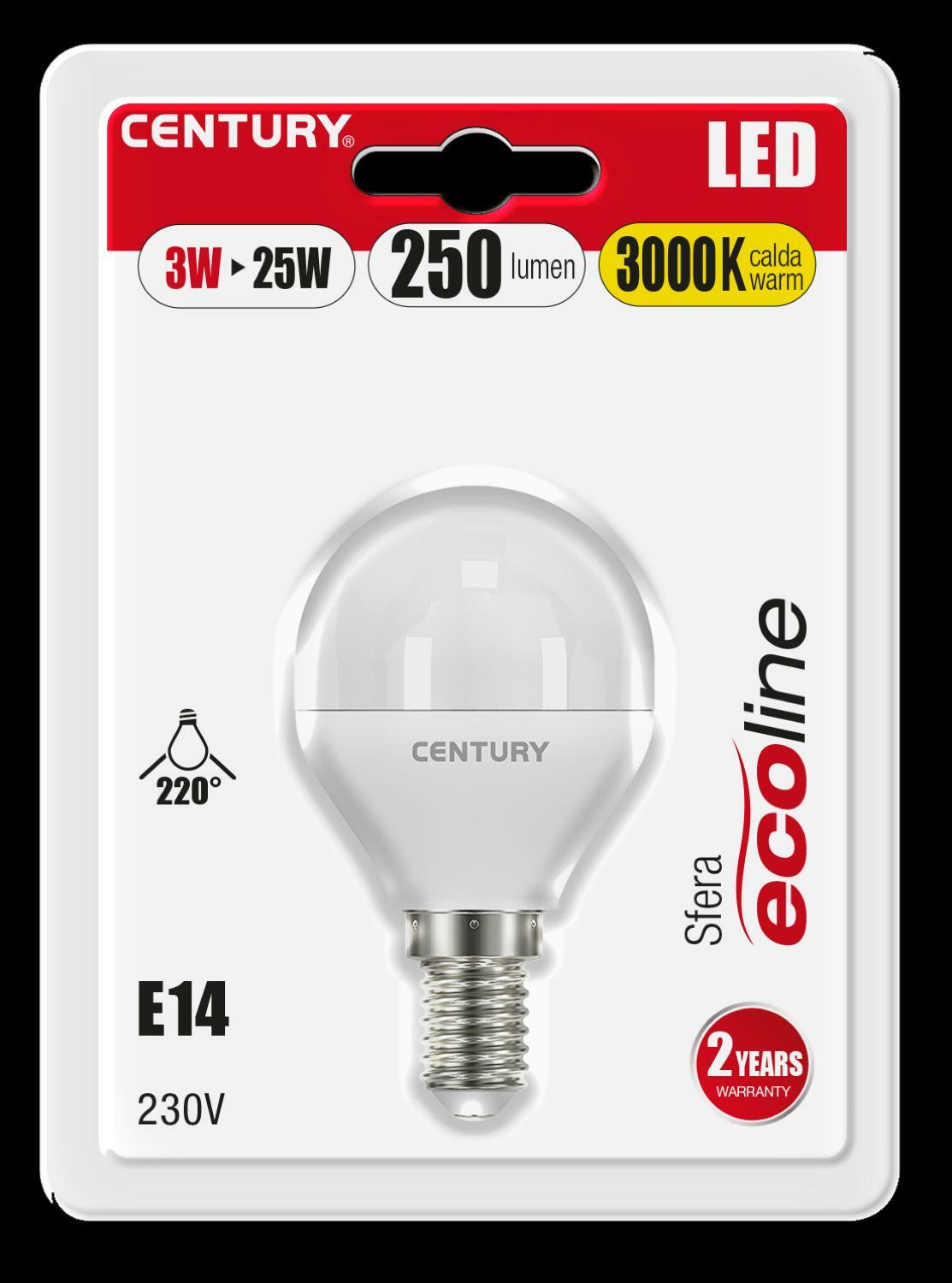 century century lampadina led ecoline sfera 3w attacco piccolo e14 luce calda 3000k elh1g-031430bl - foto 1