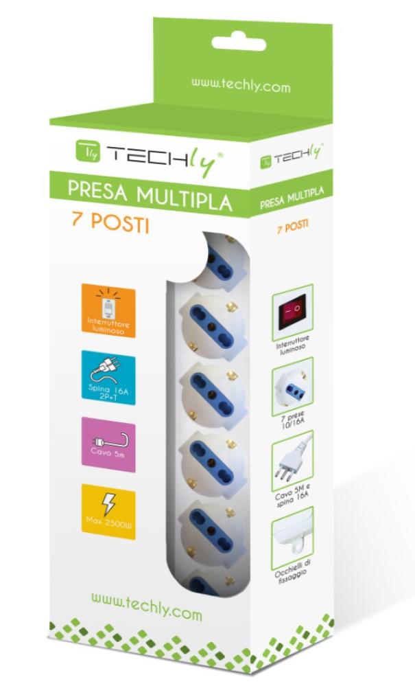 Multipresa 7 posti IC Intracom Techly 16A 2P+T lunghezza 5m bianco - 103922 02